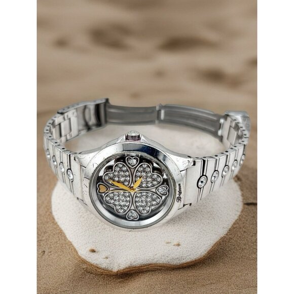 Brighton Bloomington Hearts Crystal Silver Tone Watch New Battery - Picture 1 of 8